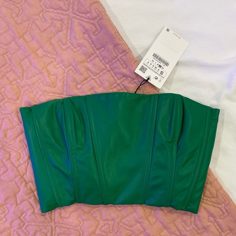 zara green leather corset crop top NWT